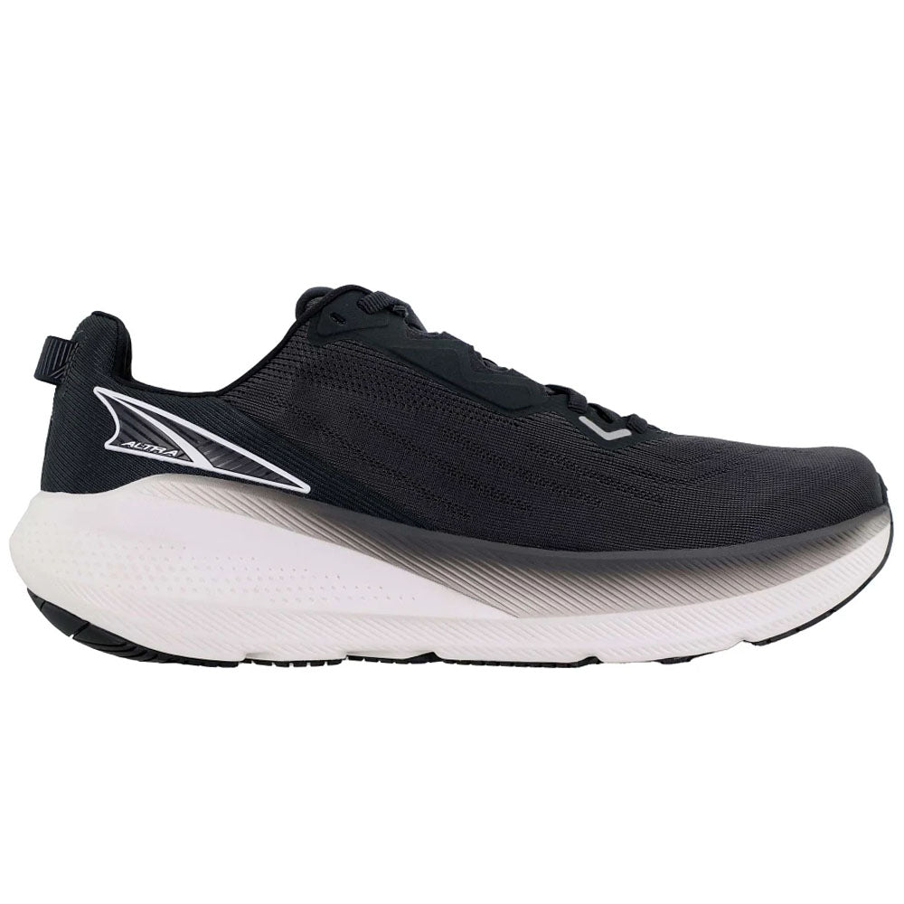 Side view on white background of Mens Altra FWD running shoe in Black/White, Medium (Regular) width