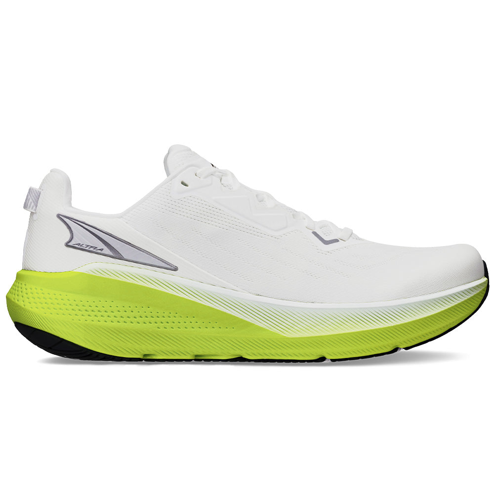 Side view on white background of Mens Altra FWD running shoe in White/Lime, Medium (Regular) width