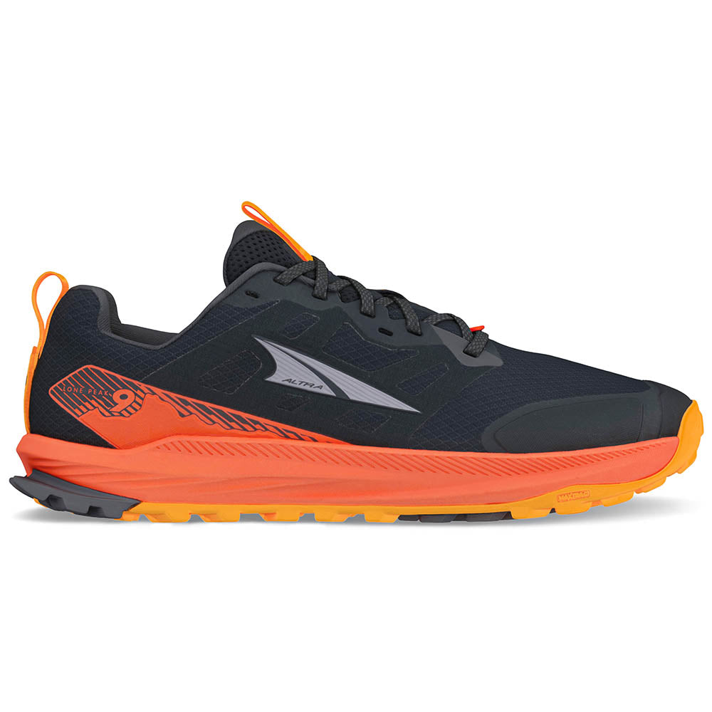 Side view on white background of Mens Altra Lone Peak running shoe in Black/Red, Medium (Regular) width