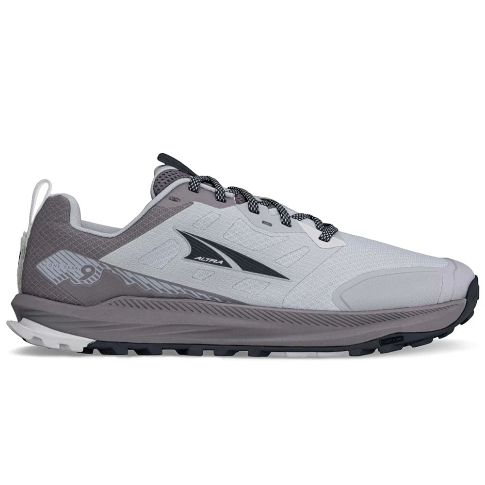 Side view on white background of Mens Altra Lone Peak running shoe in Gray, Wide width
