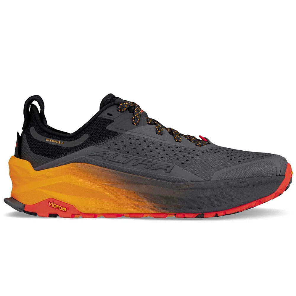 Side view on white background of Mens Altra Olympus running shoe in Black/Orange, Medium (Regular) width