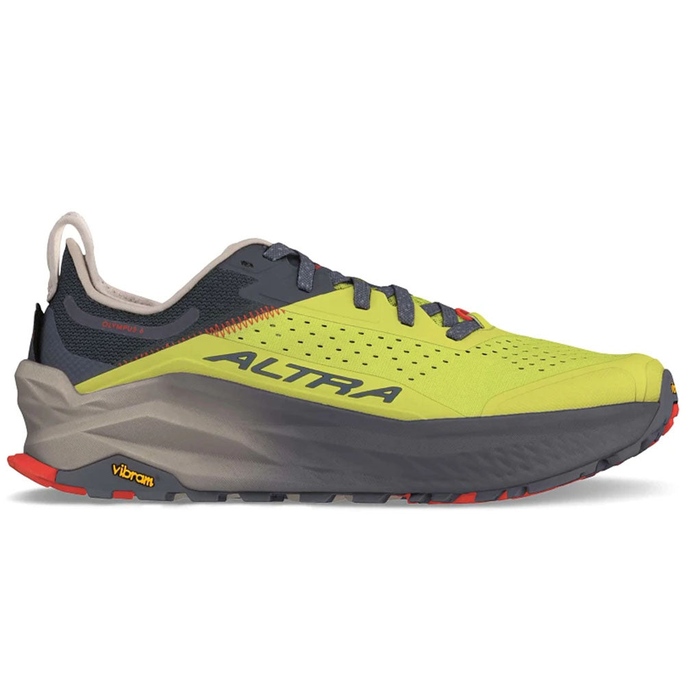 Side view on white background of Mens Altra Olympus running shoe in Green, Medium (Regular) width