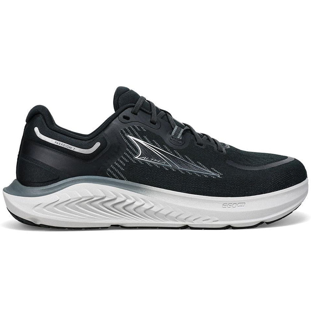 Side view on white background of Mens Altra Paradigm running shoe in Black, Wide width