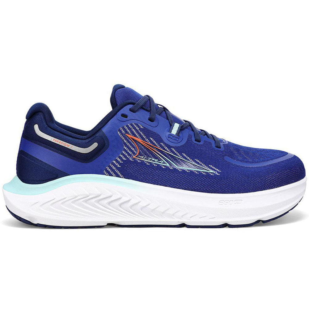 Side view on white background of Mens Altra Paradigm running shoe in Blue, Medium (Regular) width