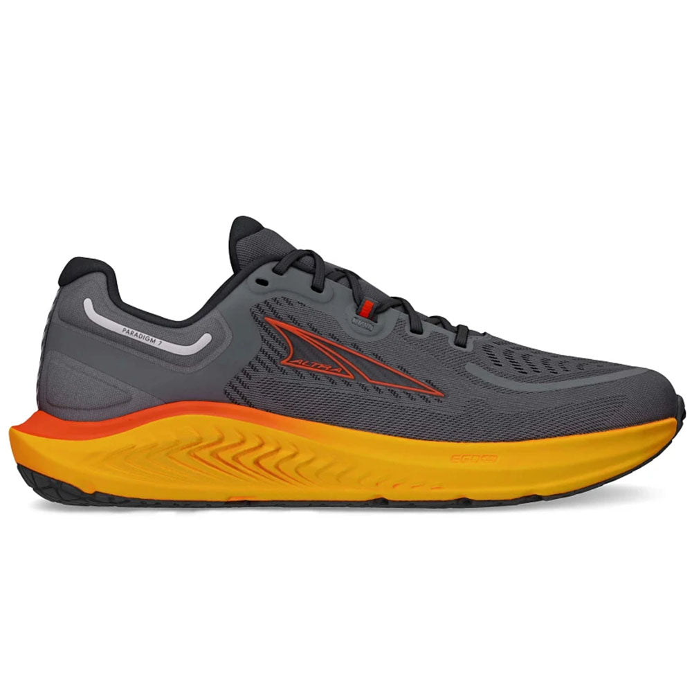 Side view on white background of Mens Altra Paradigm running shoe in Gray/Orange, Medium (Regular) width