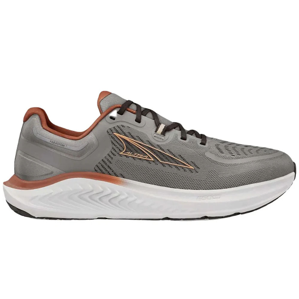 Side view on white background of Mens Altra Paradigm running shoe in Taupe, Medium (Regular) width