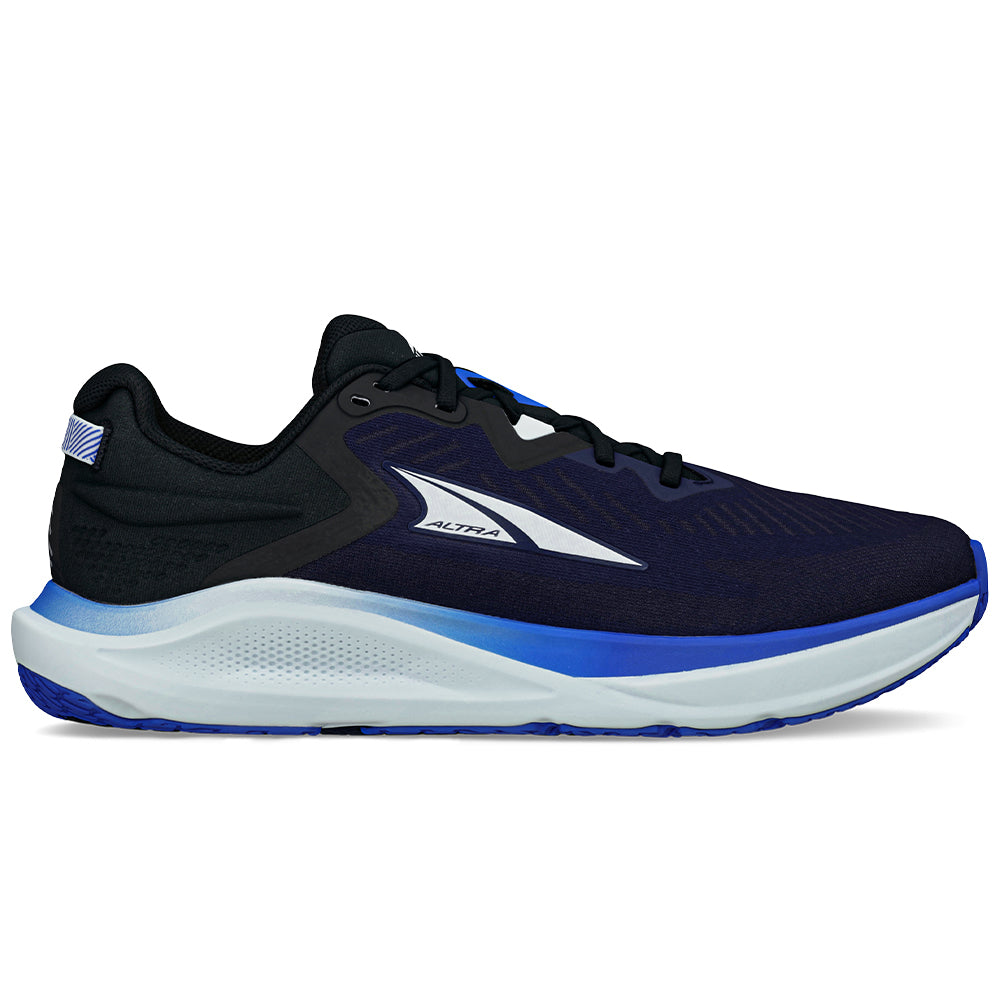 Side view on white background of Mens Altra Paradigm running shoe in Navy/Black, Medium (Regular) width