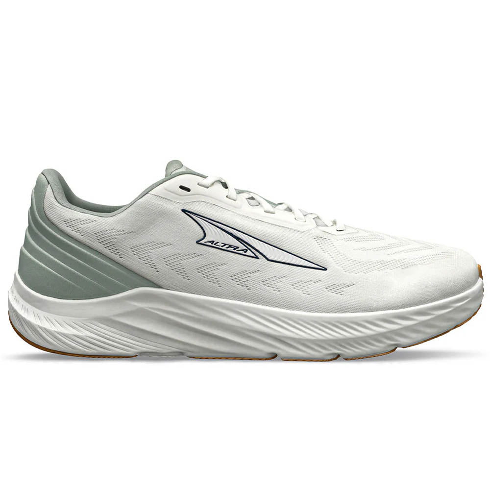 Side view on white background of Mens Altra Rivera running shoe in White, Medium (Regular) width