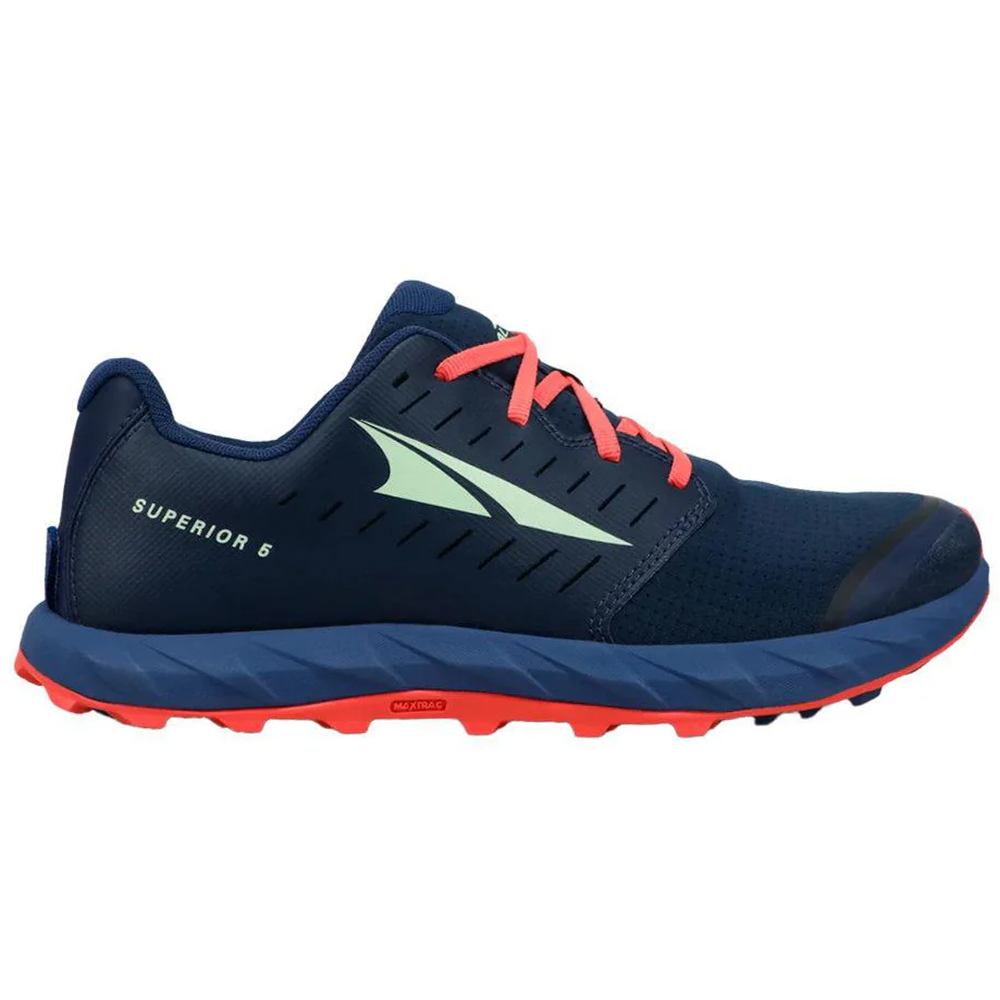 Side view on white background of Womens Altra Superior running shoe in Dark Blue, Medium (Regular) width