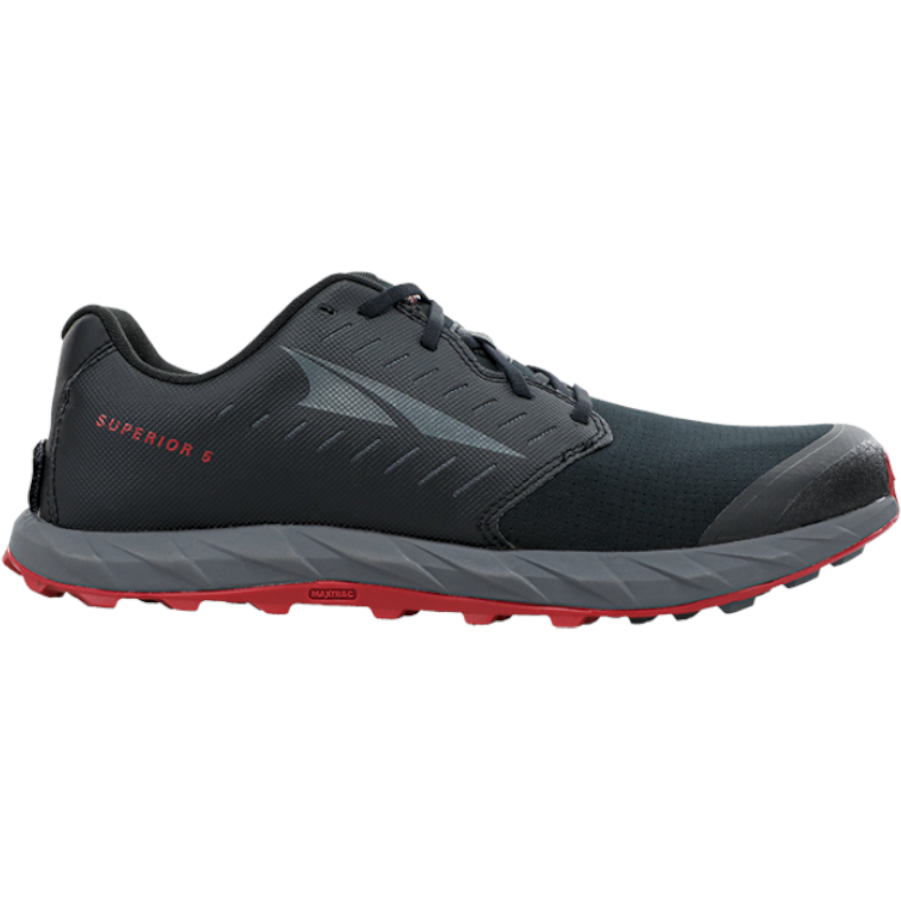Side view on white background of Mens Altra Superior 5 running shoe in Black/Red, Medium (Regular) width