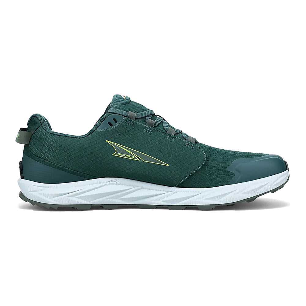 Side view on white background of Mens Altra Superior running shoe in Deep Forest, Medium (Regular) width