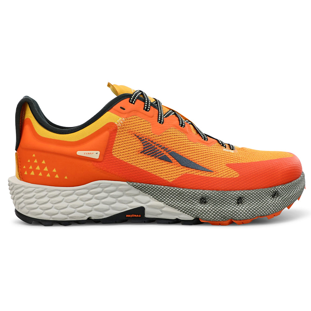 Side view on white background of Mens Altra Timp running shoe in Orange, Medium (Regular) width