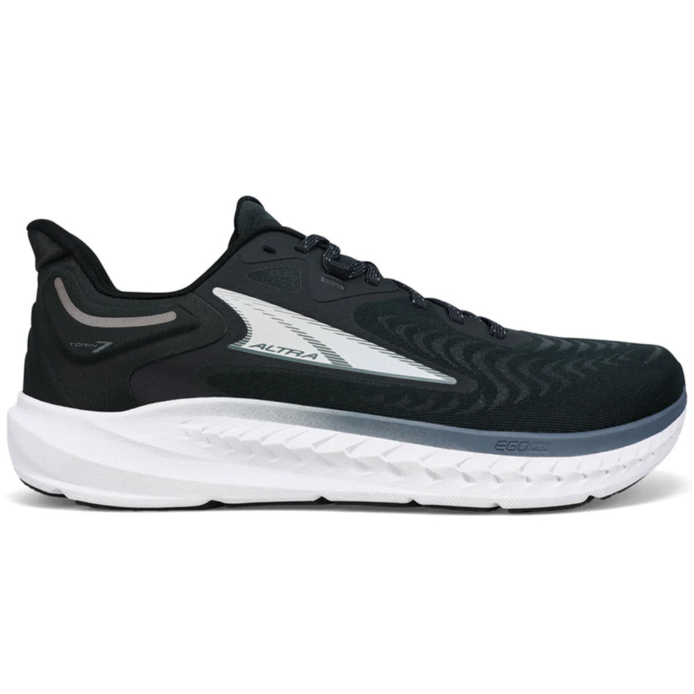Side view on white background of Mens Altra Torin running shoe in Black, Medium (Regular) width