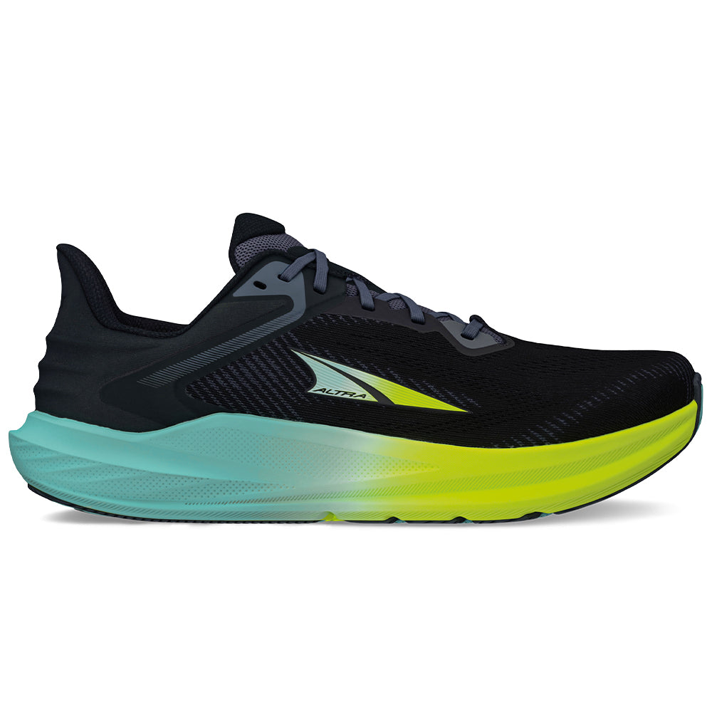 Side view on white background of Mens Altra Torin running shoe in Black/Lime, Medium (Regular) width