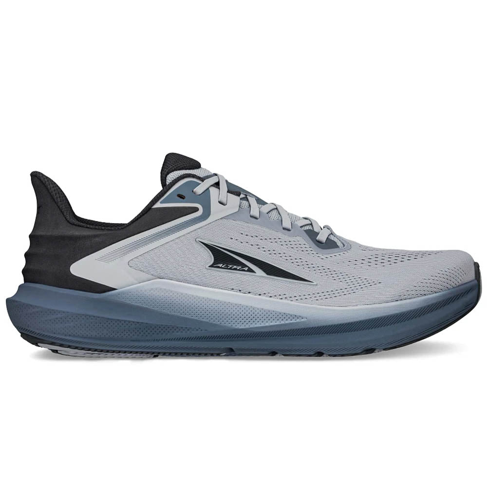 Side view on white background of Mens Altra Torin running shoe in Gray, Medium (Regular) width