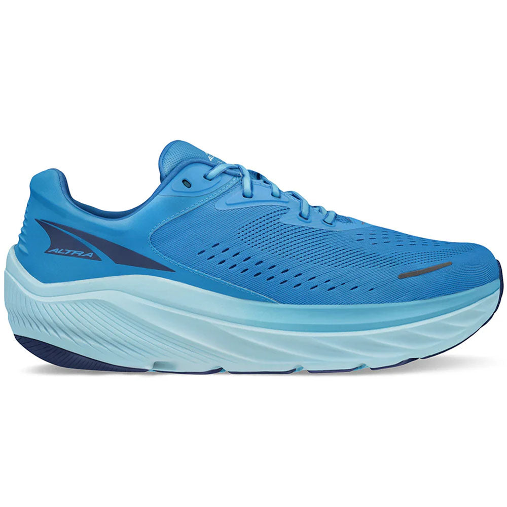 Side view on white background of Mens Altra Via Olympus running shoe in Blue, Medium (Regular) width