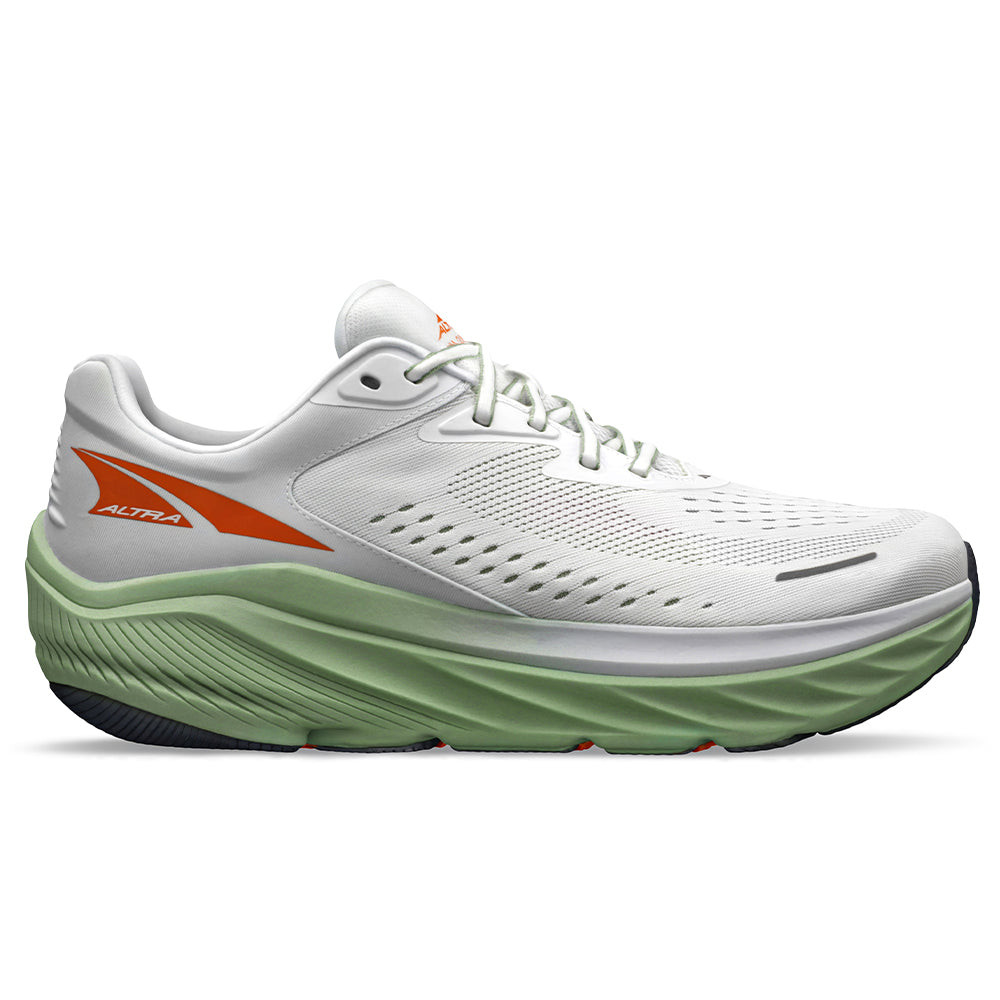 Side view on white background of Mens Altra Via Olympus running shoe in White, Medium (Regular) width