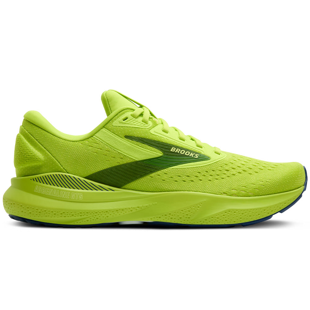 Side view on white background of Mens Brooks Adrenaline GTS running shoe in Acid Lime/Sunny Lime/Navy, Medium (Regular) width