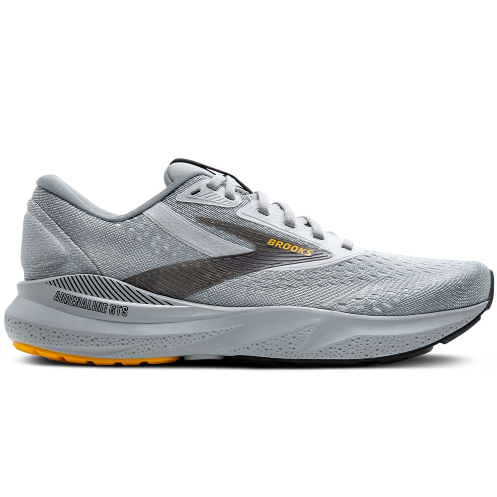 Side view on white background of Mens Brooks Adrenaline GTS running shoe in Alloy/White/Gold Fusion, Narrow width