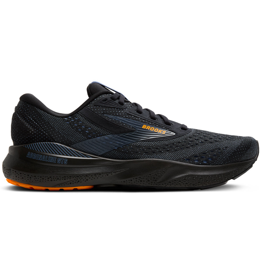 Side view on white background of Mens Brooks Adrenaline GTS running shoe in Black/Country Blue/Orange, Medium (Regular) width