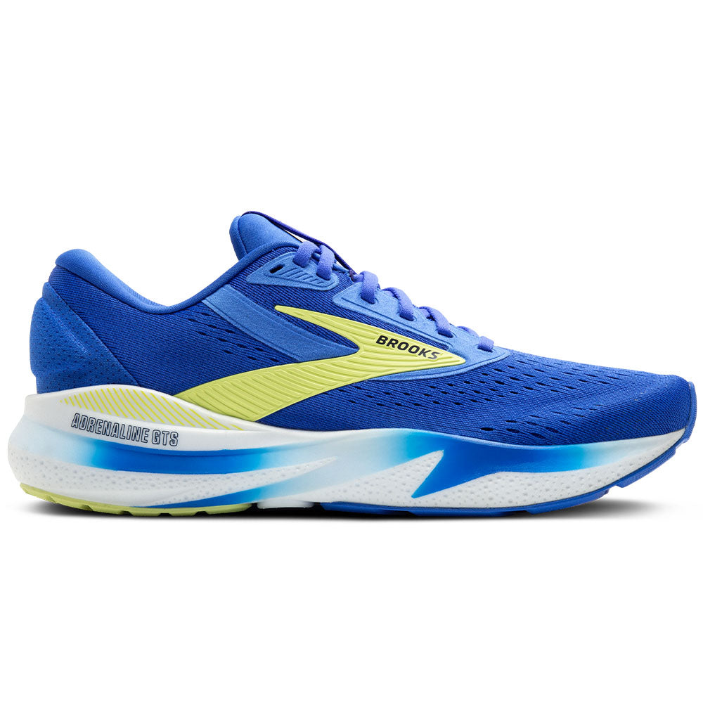 Side view on white background of Mens Brooks Adrenaline GTS running shoe in Cobalt/Neo Yellow/Peacoat, Medium (Regular) width
