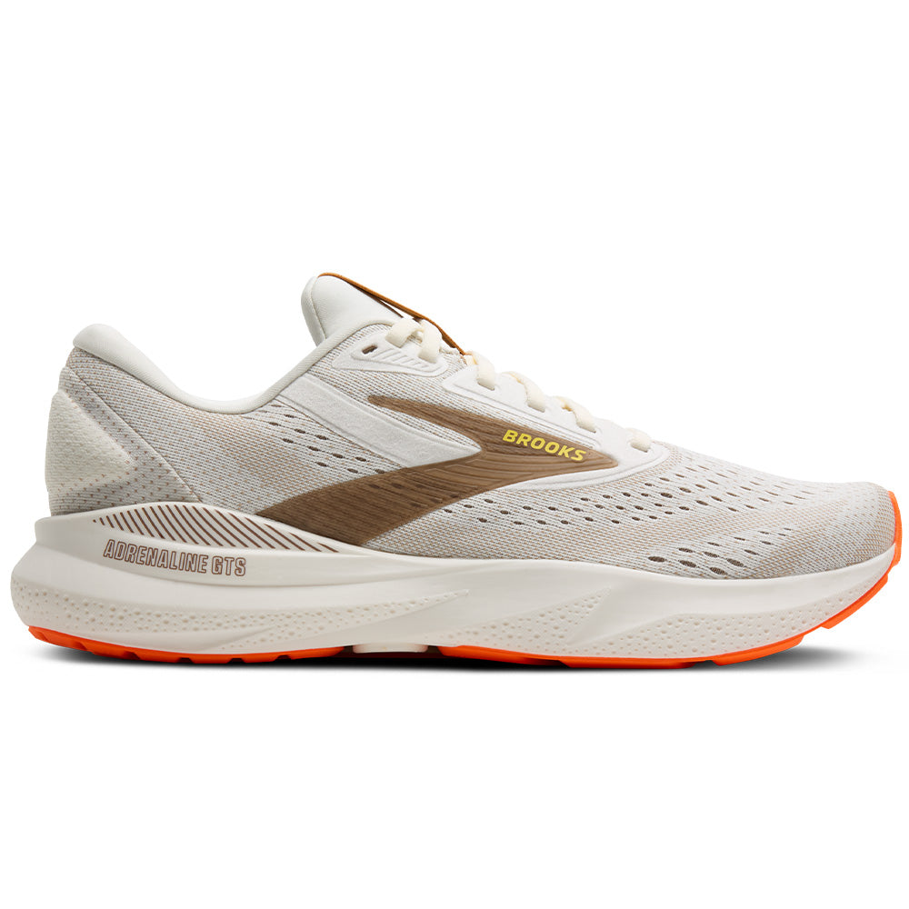 Side view on white background of Mens Brooks Adrenaline GTS running shoe in Coconut/Portabella/Orange, Medium (Regular) width