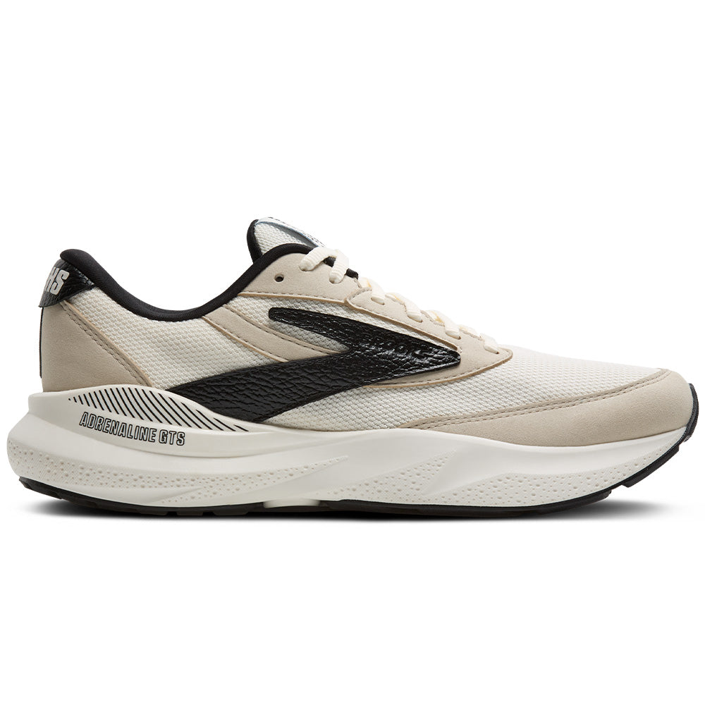 Side view on white background of Mens Brooks Adrenaline GTS 24 running shoe in Coconut/SilverLining/Black, Medium (Regular) width