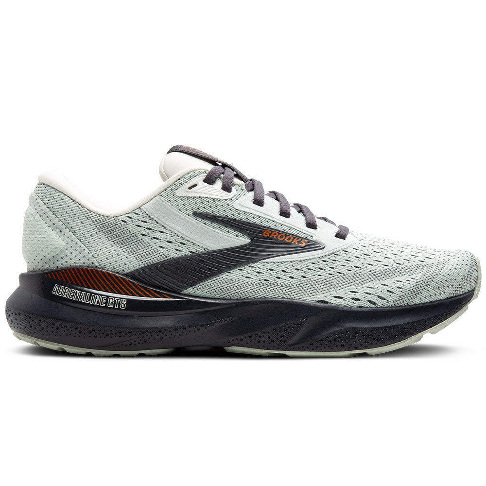 Side view on white background of Womens Brooks Adrenaline GTS running shoe in Mercury/Ebony/Copper, Medium (Regular) width