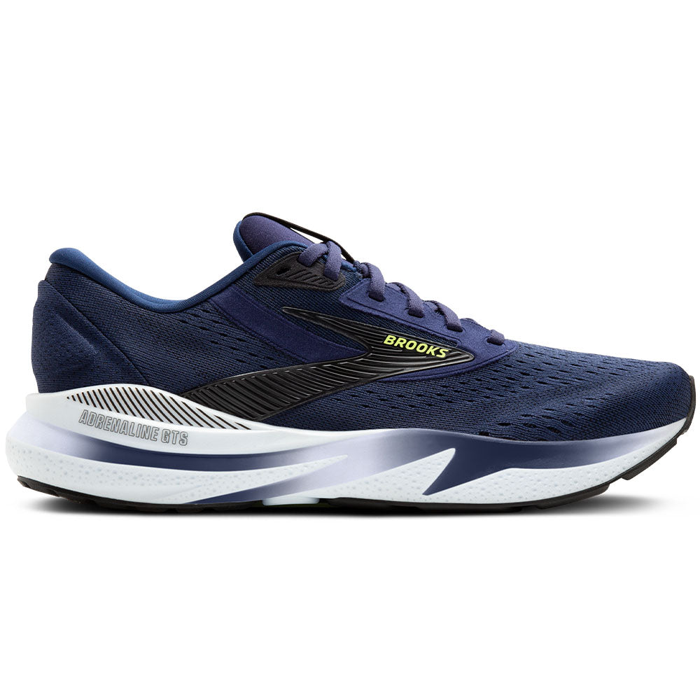 Side view on white background of Mens Brooks Adrenaline GTS running shoe in Peacoat/Black/Sharp Green, Medium (Regular) width
