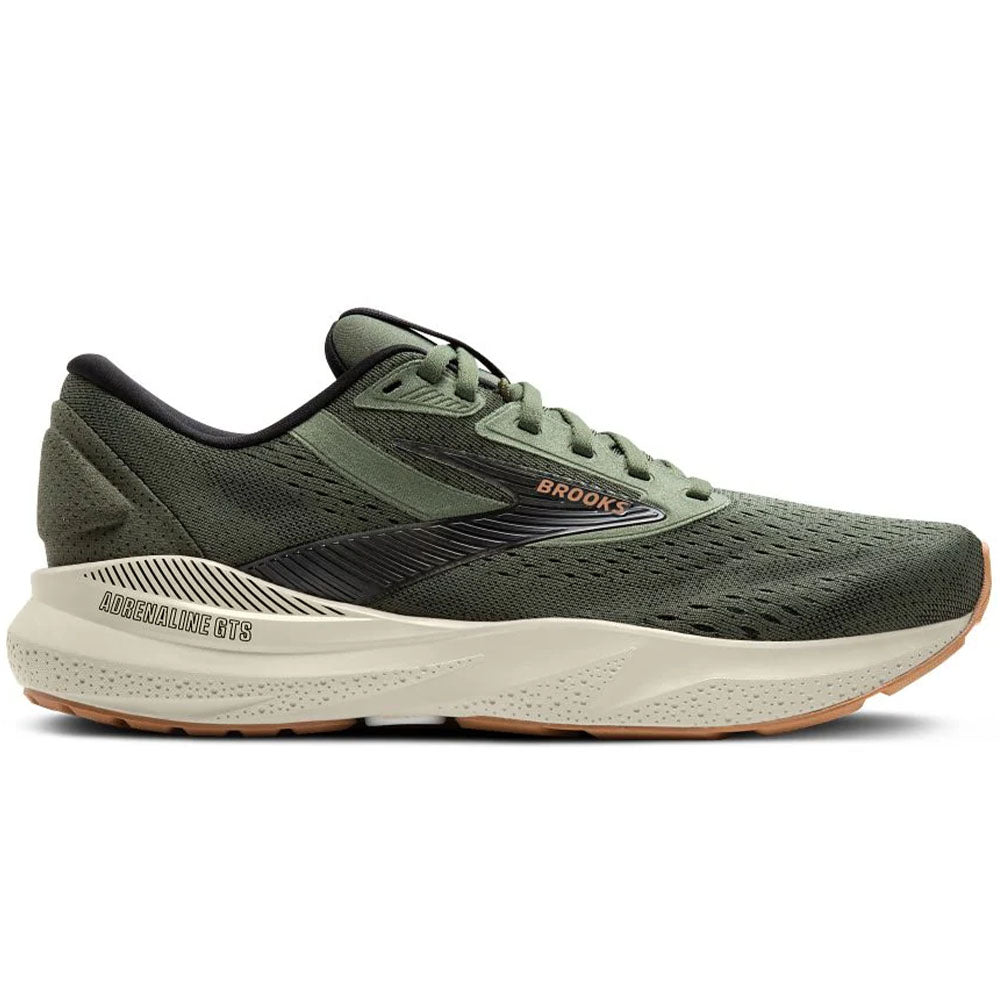 Side view on white background of Mens Brooks Adrenaline GTS running shoe in Thyme/Black/Pelican, Medium (Regular) width