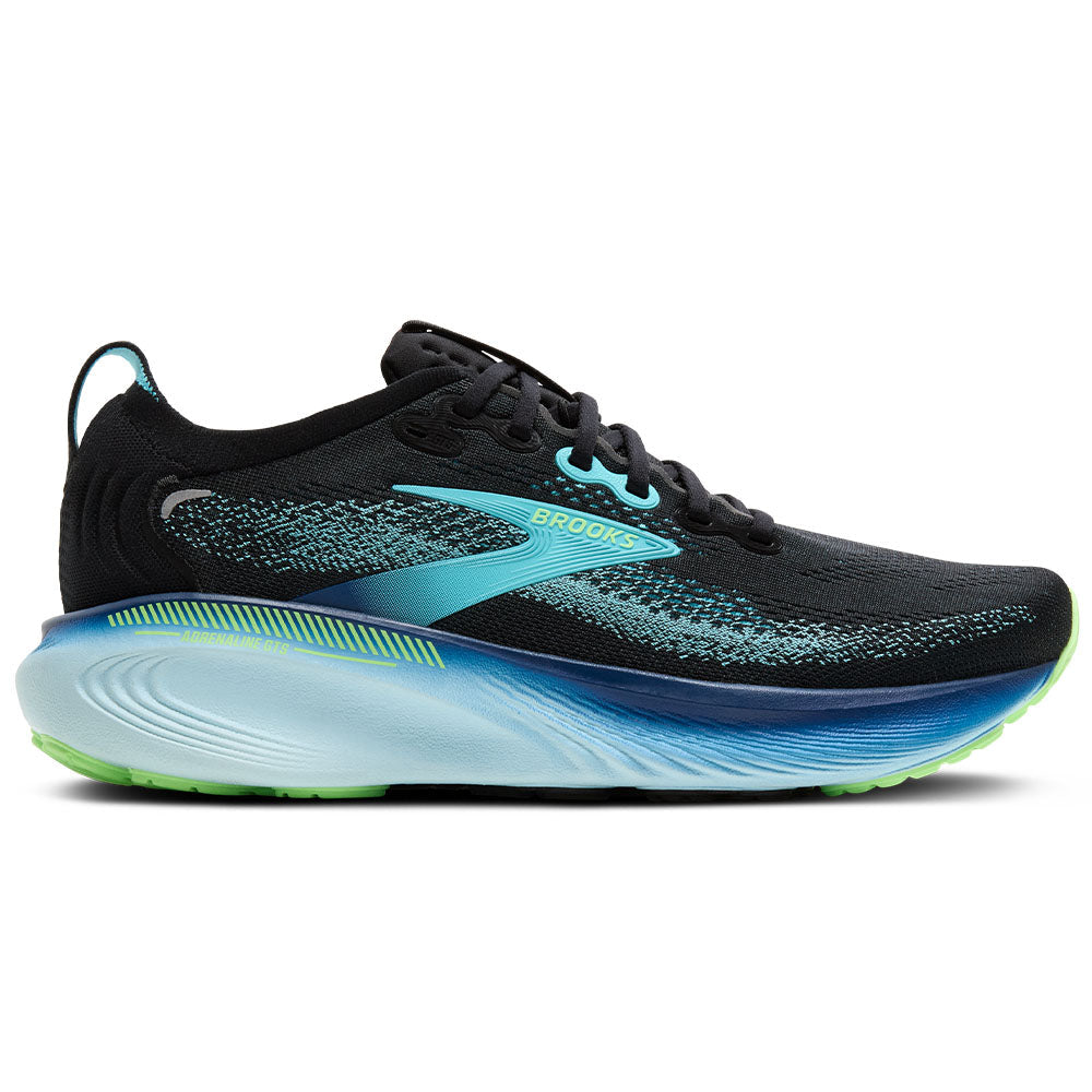 Side view on white background of Mens Brooks Adrenaline running shoe in Black/Ipanema/Mint, Medium (Regular) width