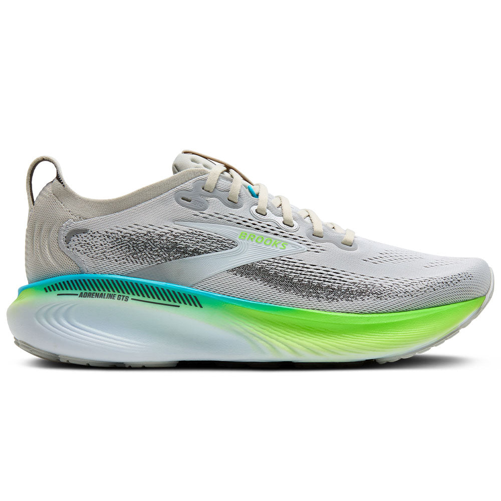 Side view on white background of Mens Brooks Adrenaline running shoe in Oyster/Green Gecko/Blue, Medium (Regular) width