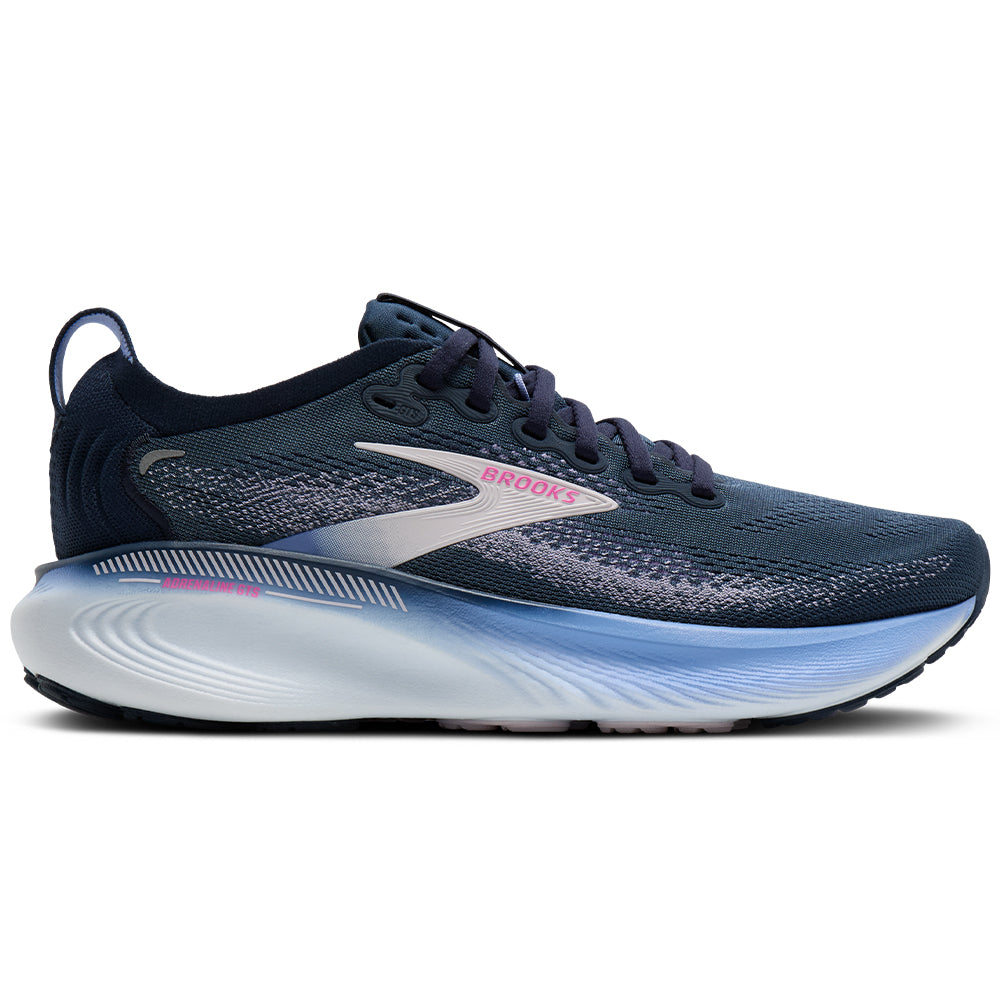 Side view on white background of Womens Brooks Adrenaline running shoe in Spellbound/Blazing Bell/Pink, Medium (Regular) width