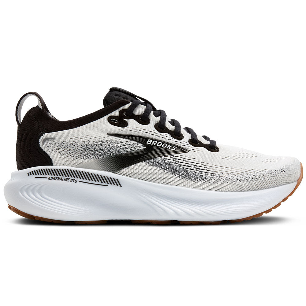 Side view on white background of Mens Brooks Adrenaline running shoe in White/Black/White, Wide width