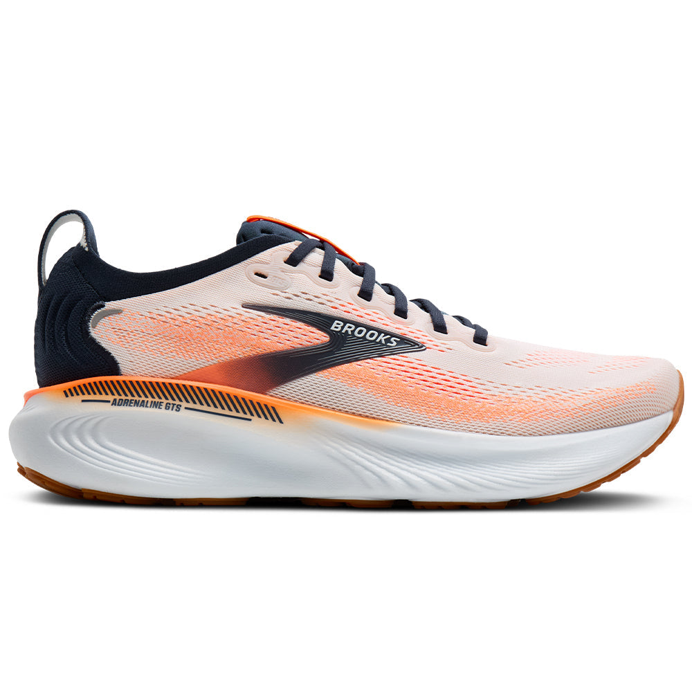 Side view on white background of Mens Brooks Adrenaline running shoe in White/Spellbound/Orange, Medium (Regular) width