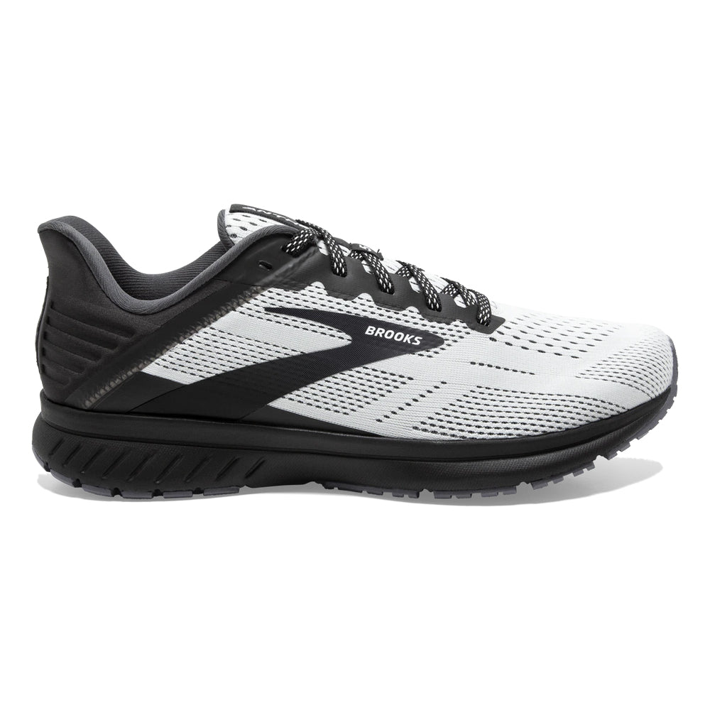 Side view on white background of Mens Brooks Anthem running shoe in White/Black/Ebony, Medium (Regular) width