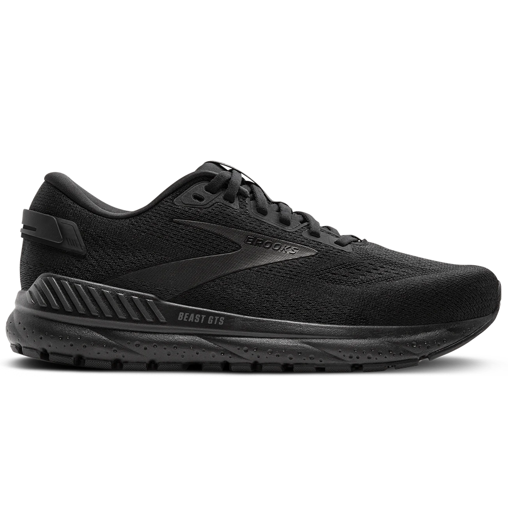 Side view on white background of Mens Brooks Beast running shoe in Black/Black/Ebony, Wide width