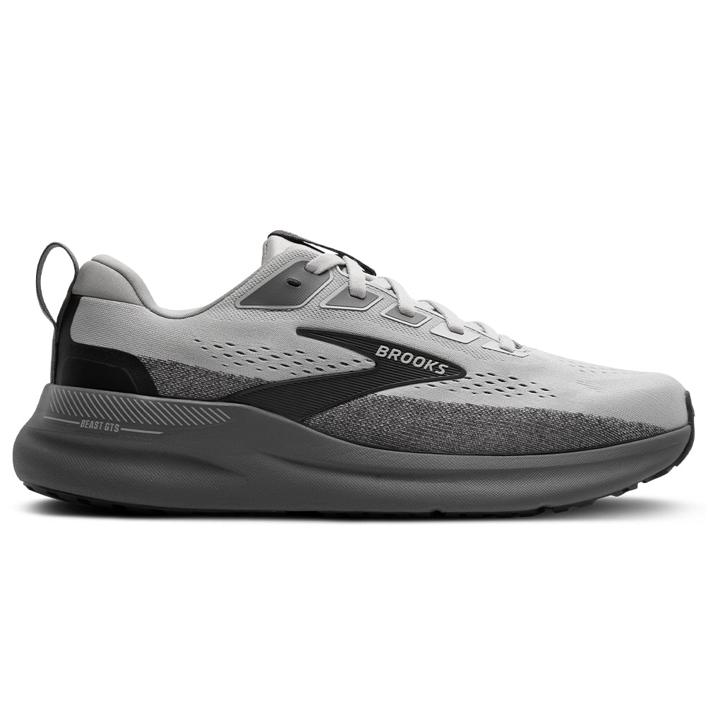 Side view on white background of Mens Brooks Beast running shoe in Gray/Gray/Blackened Pearl, Wide width