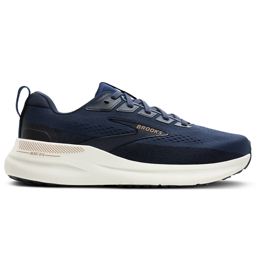 Side view on white background of Mens Brooks Beast running shoe in Peacoat/Indigo/Portabella, Wide width