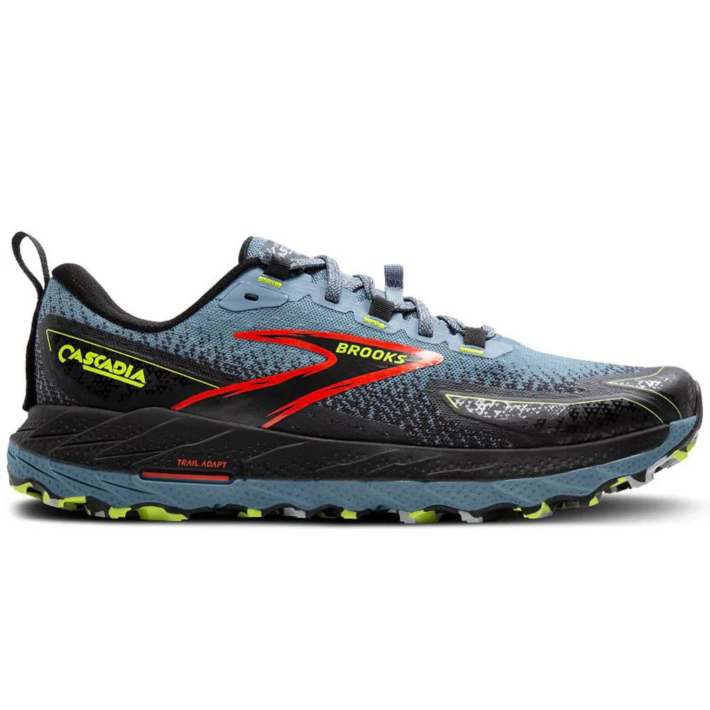 Side view on white background of Mens Brooks Cascadia running shoe in Citadel/Ebony/Lime, Wide width