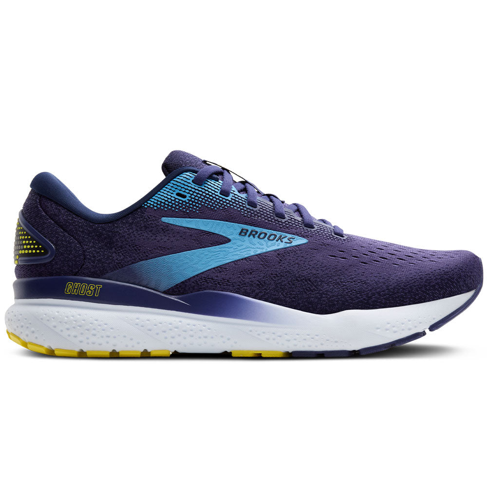 Side view on white background of Mens Brooks Ghost running shoe in Blue/Bonnie Blue/Yellow, Medium (Regular) width