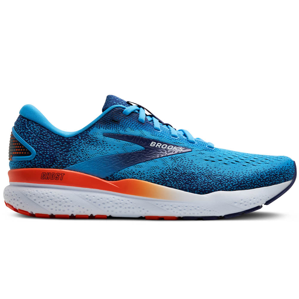 Side view on white background of Mens Brooks Ghost running shoe in Bonnie Blue/Blue Ribbon/Orange, Medium (Regular) width