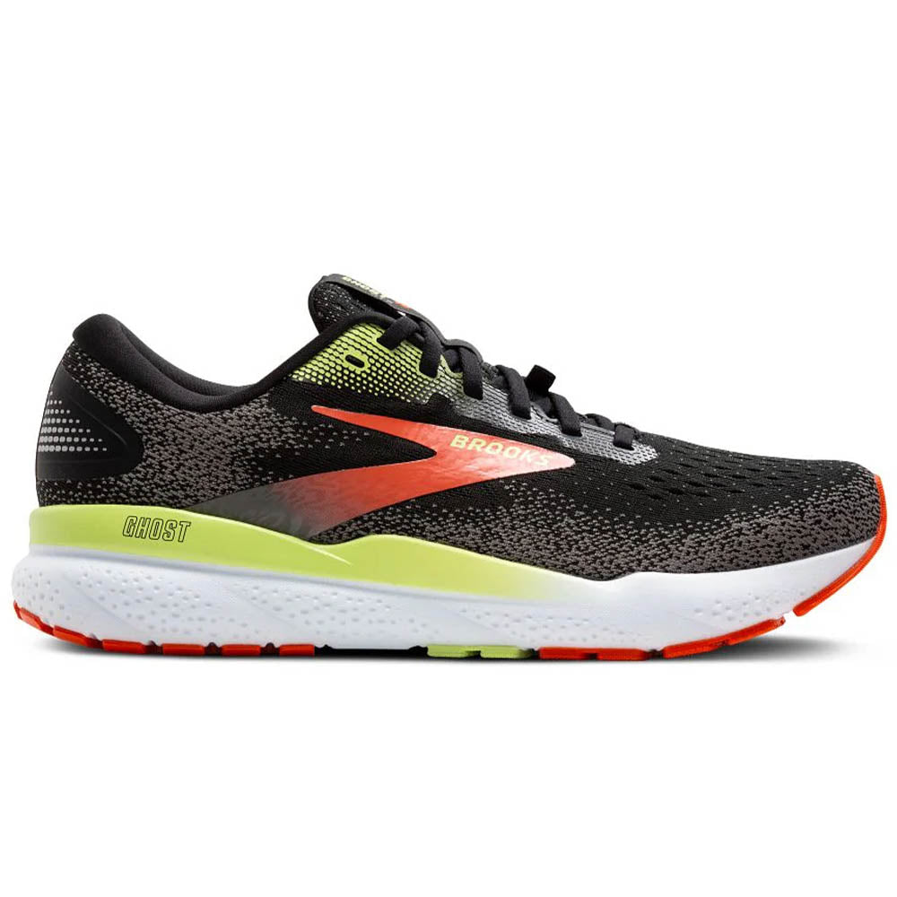 Side view on white background of Mens Brooks Ghost running shoe in Black/Mandarin Red/Green, Medium (Regular) width