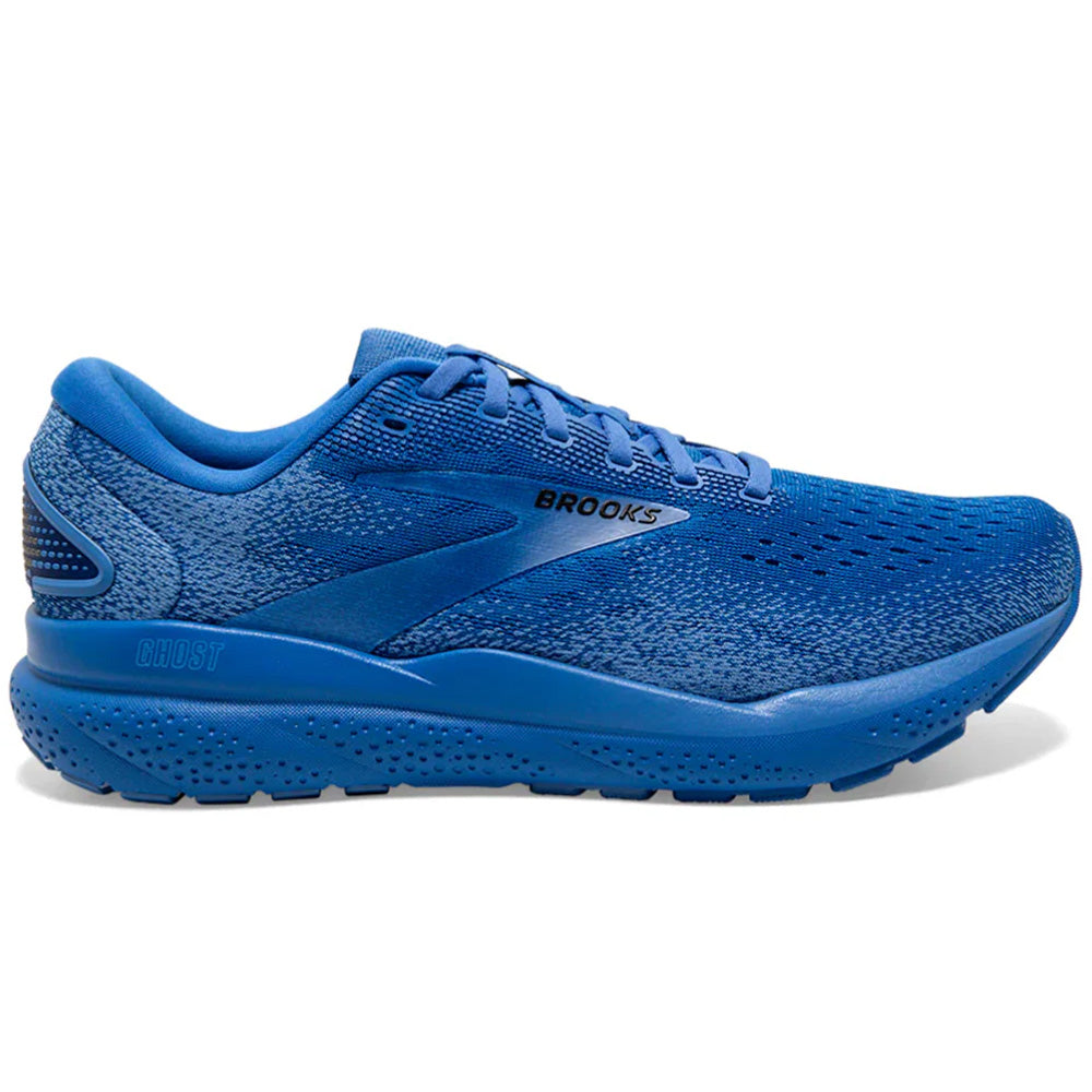 Side view on white background of Mens Brooks Ghost running shoe in Palace Blue/Provence, Medium (Regular) width