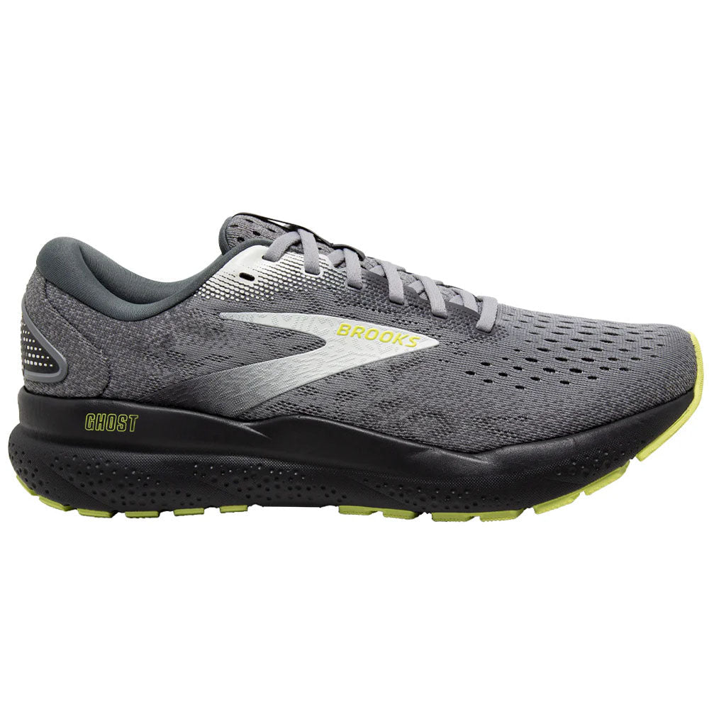 Side view on white background of Mens Brooks Ghost running shoe in Primer/Grey/Lime, Medium (Regular) width