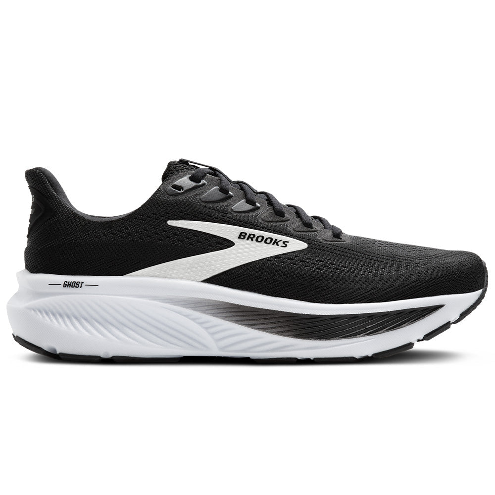 Side view on white background of Mens Brooks Ghost running shoe in Black/Grey/White, Wide width