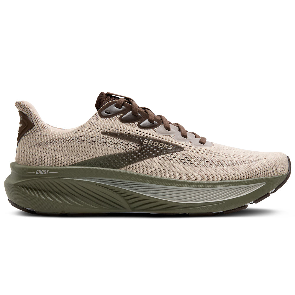 Side view on white background of Mens Brooks Ghost running shoe in Chateau Gray/Brown/Olive, Medium (Regular) width