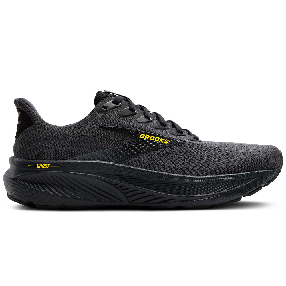 Side view on white background of Mens Brooks Ghost running shoe in Ebony/Black/Yellow, Medium (Regular) width