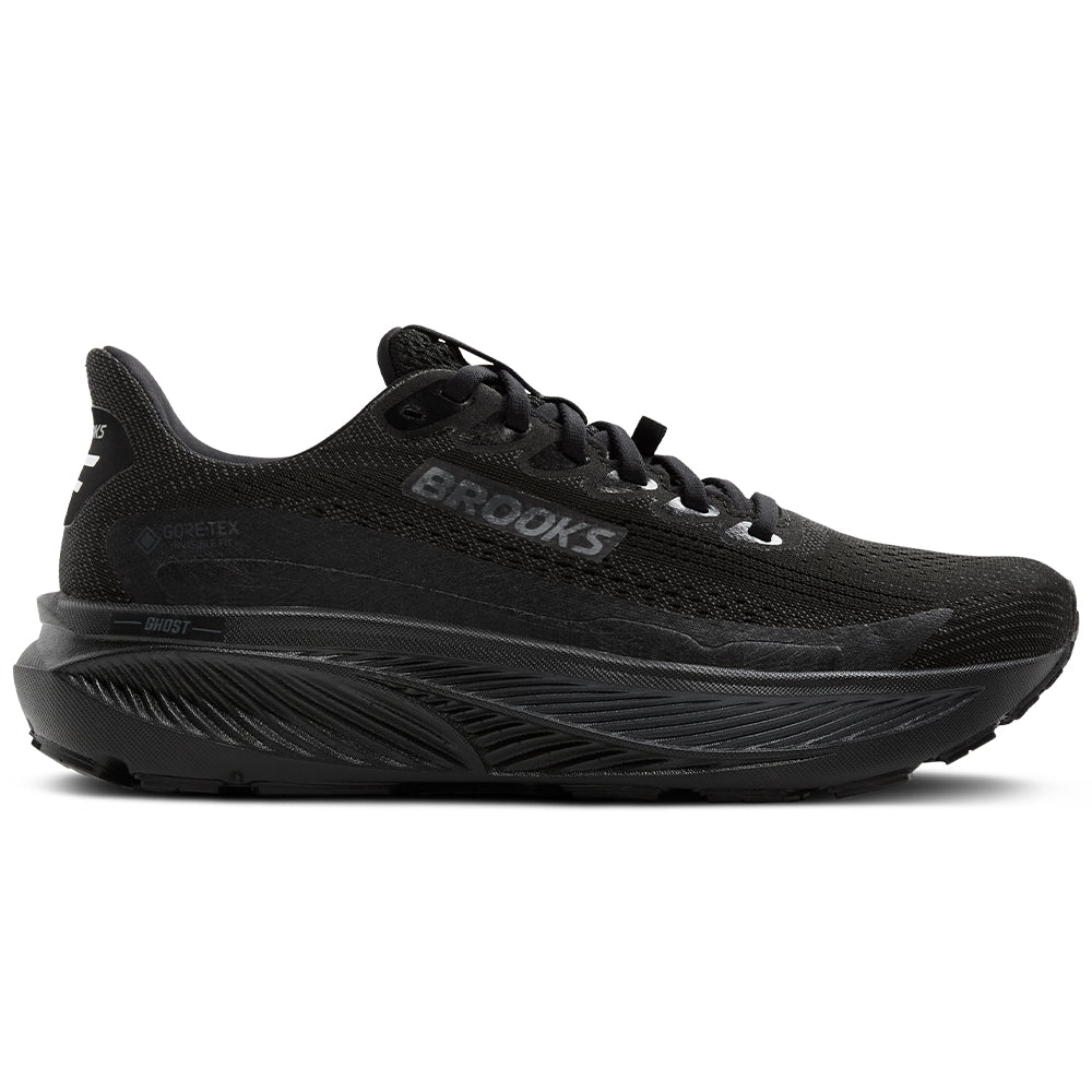 Side view on white background of Mens Brooks Ghost running shoe in Black/Black/Ebony, Medium (Regular) width