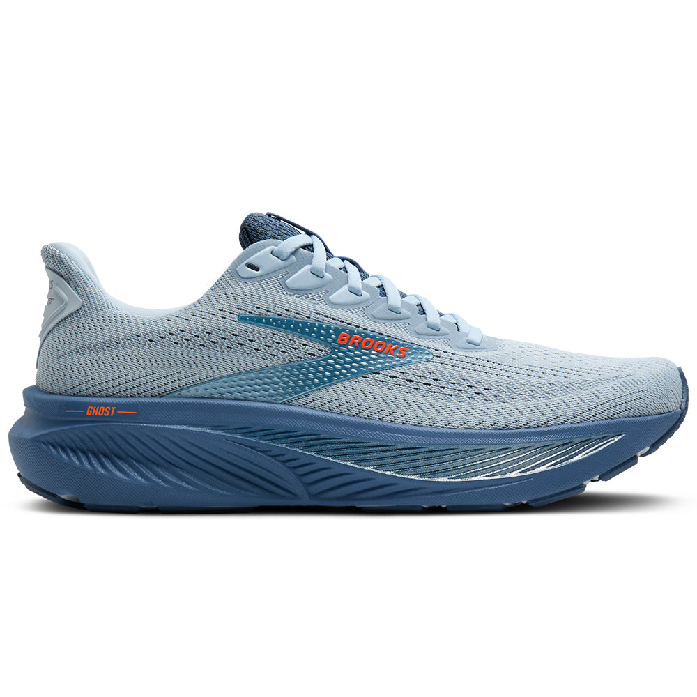 Side view on white background of Mens Brooks Ghost running shoe in Skyway/Moonlight/Orange, Medium (Regular) width